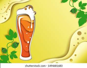 Mug of beer with foam, hop branches, vector illustration in paper art modern craft style. Brewery, beer festival, poster, banner design template.