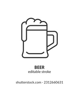 Mug of beer with foam line icon. Alcoholic drink vector symbol. Editable stroke.