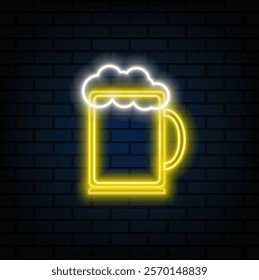 Mug of beer and foam in neon sign style.