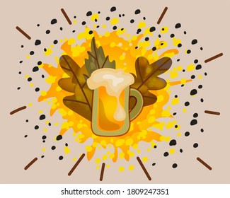 
Mug of beer with foam on a background of autumn leaves.
Oktoberfest greeting card.
Vector illustration.