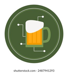 Mug of beer with foam pouring out, inside a green circle.