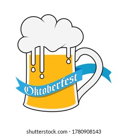 mug of beer with foam and a ribbon with the inscription Oktoberfest. Vector illustration. Flat design.