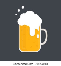 Mug of beer. Beer mug with a lot of foam. Vector icon. Flat design.