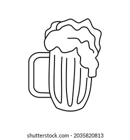 A mug of beer with foam. Vector illustration in doodle style. Design element for poster, card, menu, emblem, badge, beer day. Oktoberfest