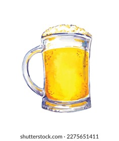 Mug of beer with foam. Watercolor vector drink