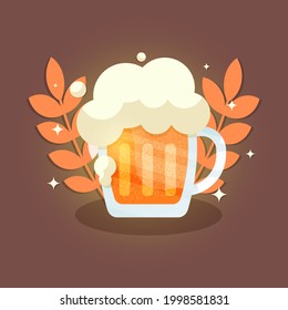 A mug of beer with foam and wheat. International Beer Day. A postcard with a beer mug, an alcoholic drink and wheat. Logo design, icons, happy beer day. Modern illustration, logo for the bar