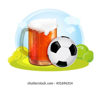 Mug of beer and (football) ball illustration.