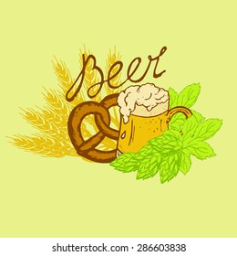 mug of beer with froth with hop and wheat beer with an inscription in retro styles