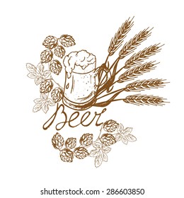 mug of beer with froth with hop and wheat beer with an inscription in retro styles
