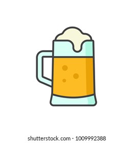 Mug of beer with frothy foam flat line colored icon.