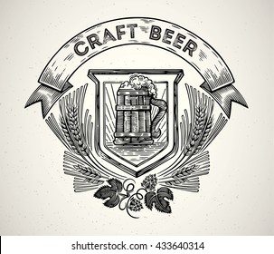 Mug of beer in a graphic style and elements of the branches of hops.