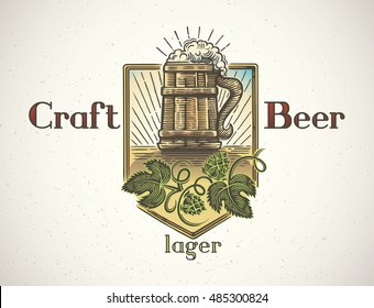 Mug of beer in a graphic style and elements of the branches of hops. Hand-drawn illustration.