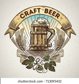 Mug of beer in a graphic style and elements of the branches of hops and ears. Hand-drawn illustration.