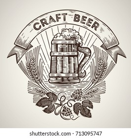 Mug of beer in a graphic style and elements of the branches of hops.