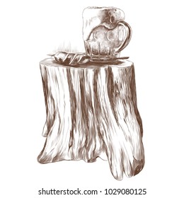 mug of beer and grilled sausage on a skewer lying on a thick tree stump in the form of a table, sketch vector graphics monochrome drawing