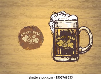 Mug with beer, in grunge or graphical style, on a wooden wall texture background.