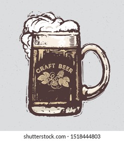 Mug with beer, in grunge or graphical style, on a wooden wall texture background.