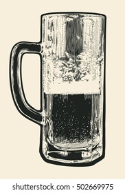 Mug Of Beer. Hand Drawn Design Element. Engraving Style. Vector Illustration.