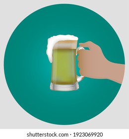Mug of beer in hand on a turquoise background. Oktoberfest banner. Bar menu illustration. Vector.