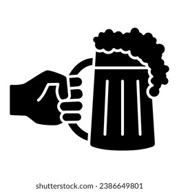 Mug with beer in hand solid icon, Oktoberfest concept, Hand with drink sign on white background, Arm holding glass of beer icon in glyph style for mobile and web design. Vector graphics