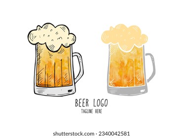 Mug beer hand-drawn watercolor doodle cartoon with two different style vector illustration.