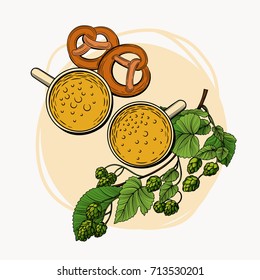 Mug of beer with hops branch and pretzels in the graphic style. Happy oktoberfest.