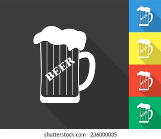 mug of beer icon - gray and colored (blue, yellow, red, green) vector illustration with long shadow