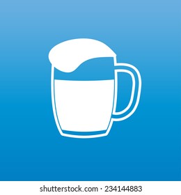 Mug of beer icon or sign. A glass of beer with white foam atop isolated on blue background. Vector illustration.
