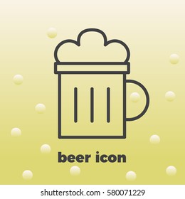 Mug of beer icon thin line for web and mobile, modern minimalistic flat design. Vector icon with dark grey outline on light Yellow background.