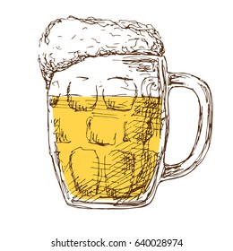 Mug with beer isolated on white background. Vector illustration in sketch style.