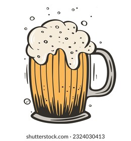Mug of beer isolated retro illustration. Beer mug with chilled foamy drink. Alcohol, hand drawn, vector