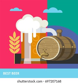 Mug of beer and a keg of beer. Colorful poster. The best beer. Eco-friendly products.