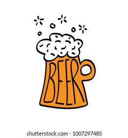 Mug of beer kraft with foam and word Beer. Cartoon style. Company Label