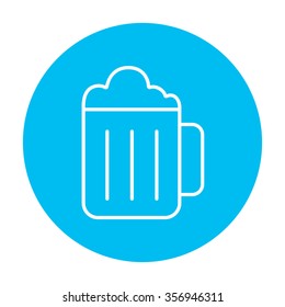 Mug of beer line icon for web, mobile and infographics. Vector white icon on the light blue circle isolated on white background.