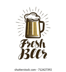 Mug of beer, logo or label. Bar, pub, ale, alcoholic drink icon. Lettering vector illustration