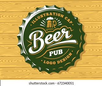 Mug Beer Logo On Cap - Vector Illustration, Emblem Brewery Design On Wood Background