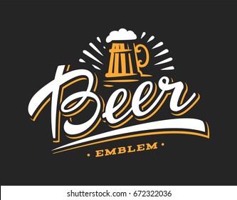 Mug beer logo- vector illustration, emblem brewery design on dark background