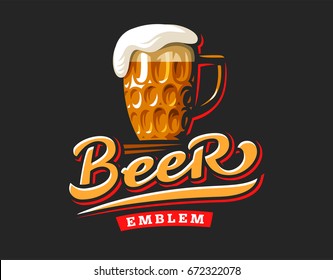 Mug beer logo- vector illustration, emblem brewery design on dark background