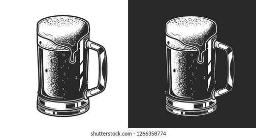 Mug of beer. Monochrome vector illustration in vintage style, on white and dark background.