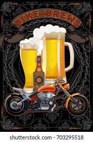  mug beer, motorcycle and bottle of beer. 
