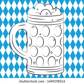 Mug of beer. Oktoberfest. Icon in simple style. Isolated on a traditional Bavarian background. Blue and white background of diamonds in checkerboard pattern.
