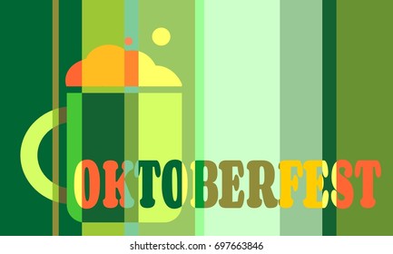 Mug of beer and Oktoberfest word on striped green backdrop.