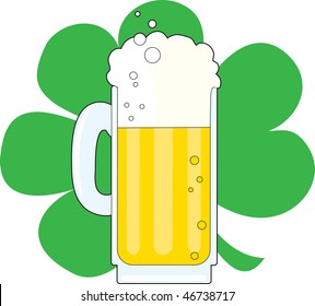 A mug of beer on a green shamrock background