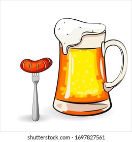 Mug of beer On White Background Isolated Vector Colored Illustration of Fresh Cold Summer Beer with sausage, a cup of beer