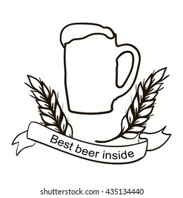 A Mug Of Beer. Pattern design for the logo. Ribbon, ears of corn and a mug on a white background. Coloring book for adults. Hand drawing black and white.