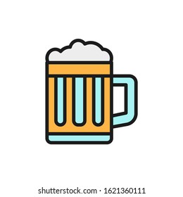 Mug of beer, pint glass flat color line icon.