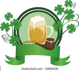 Mug of beer and pipe decorated with a clover and banner