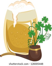Mug of beer and pipe decorated with a clover