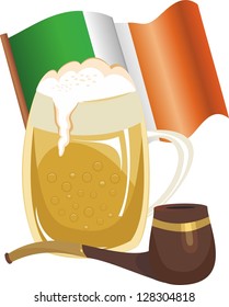 Mug of beer, pipe and Irish flag