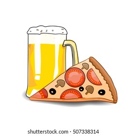 Mug of beer and pizza slice. Design element beer and pizza. Cartoon style beer and pizza. Hand drawing beer and pizza. Vector illustration beer and pizza. Fast food design element.